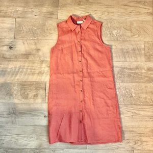 Adrienne Vittadini 100% Linen Coral Rose Sleeveless Button Down Dress